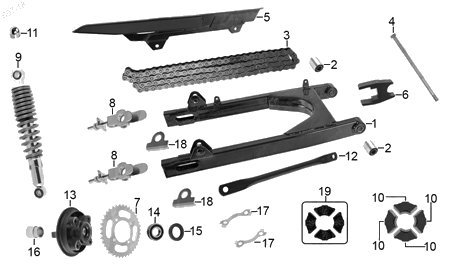 Diagrama Amortiguacion trasera y suspension ( f 2 ) — Damper Corona Traccion para moto Italika 125Z 2016-2018
