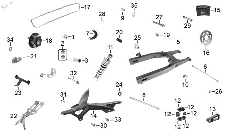 Diagrama Amortiguación trasera y suspensión — Buje Hueso Cadena para moto Benelli 180S TNT 25N 302S 2023-2026