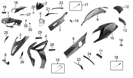 Diagrama Plásticos de color — Etiqueta DASH125 Izq para moto Hero DASH 125 2022-2027