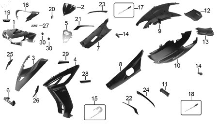 Diagrama Plásticos de color — Panel Frontal Negro Mate para moto Hero DASH 125 2026-2027