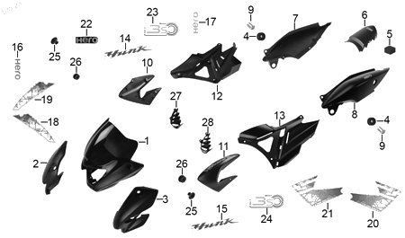 Diagrama Plásticos de color — Cubierta Tras Izq Rojo para moto Hero HUNK 150 2024-2025