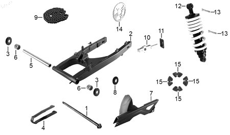 Diagrama Amortiguación trasera y suspensión — Eje Horquilla Tras para moto Hero HUNK 160 R HUNK XTREME 160 R 2021-2027