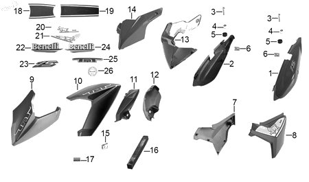 Diagrama Plásticos de color — Cubierta Faro Izq Rojo para moto Benelli TNT 15 2023