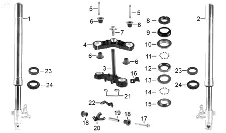 Diagrama Amortiguación Delantera y Dirección para moto Benelli TNT 150I 2023 — refacciones compatibles