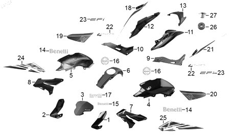 Diagrama Plásticos de color — Cubierta Calavera para moto Benelli TNT 150I TNT 25N 2023-2026
