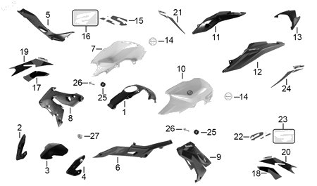 Diagrama Plásticos de color — Etiqueta Cubierta Lateral Der para moto Benelli TNT 25N 2023-2026