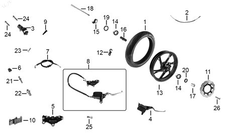 Diagrama Rueda delantera — Bomba Freno Del para moto Benelli TNT 25N 2023-2026