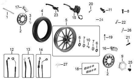 Diagrama Rueda delantera — Cubrepolvo Caliper Del para moto Benelli TNT 25N 302S TRK 502 2023-2026