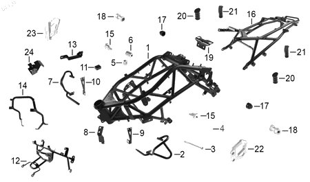 Diagrama Amortiguación trasera y suspensión / Cuadro — Soporte Bloqueo Cadena para moto Benelli TNT 25N 302S TRK 502 2023-2026