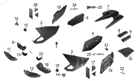 Diagrama Plásticos de color — Cubierta Tras Negro para moto Hero XPULSE 200 4V XPULSE 200 X XPULSE 200 FI 2023-2027