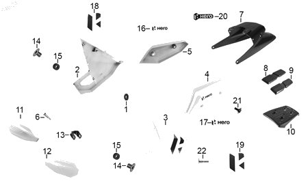 Diagrama Plásticos de color — Etiqueta H Izq para moto Hero XPULSE 200 X XPULSE 200 FI 2023-2025
