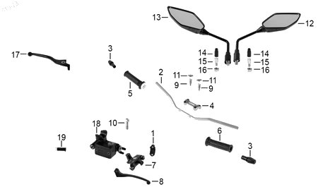 Diagrama Manubrio — Espejo Der para moto Hero HUNK 190 R XPULSE 200 T 2022-2024