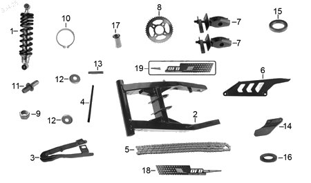 Diagrama Amortiguación Trasera y Suspensión para moto Italika DM150 GPS 2026 — refacciones compatibles